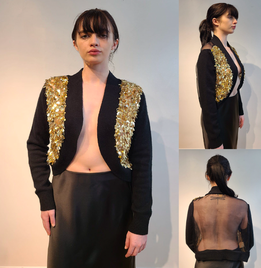 BLACK CASHMERE LONG SLEEVE BOLERO WITH & FRONT EMBELLISHED 3D GOLD TRINKETS ON NUDE TULE & AND SHEER BLACK SILK & ORGANZA BACK PANEL(SIZE M)