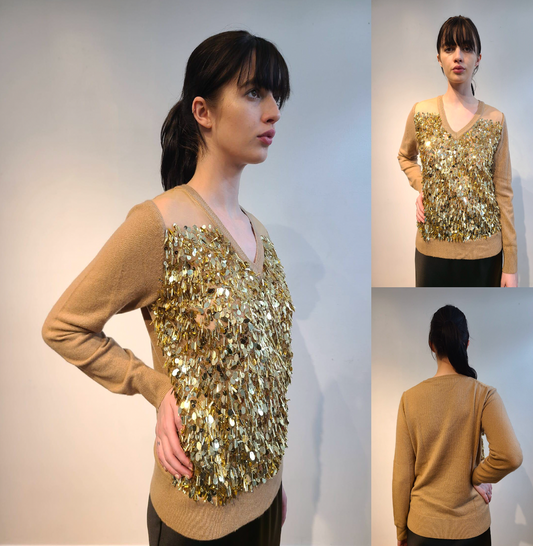 NUDE CASHMERE LONG SLEEVE V NECK WITH FRONT EMBELLISHED 3D GOLD TRINKETS ON NUDE TULLE AND LINED WITH NUDE TULLE(SIZE M)