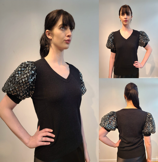 BLACK CASHMERE V NECK WITH PUFF SLEEVE EMBELLISHED SILVER MICRO SEQUIN FLOWERS & JET BEADS ON BLACK TULLE (SIZE S)