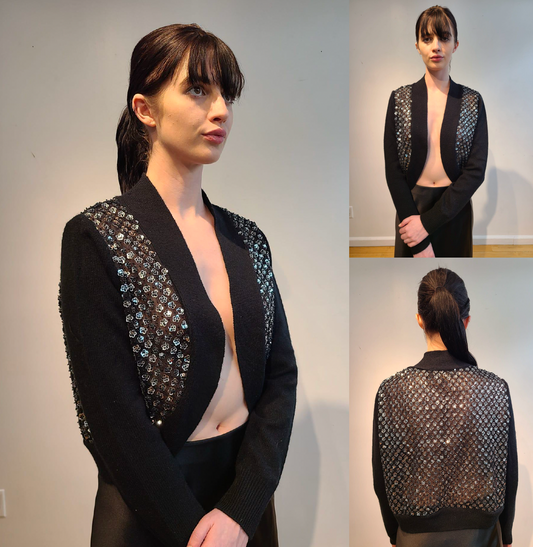 BLACK CASHMERE LONG SLEEVE BOLERO WITH FRONT & BACK EMBELLISHED SILVER MICRO SEQUIN FLOWERS & JET BEADS ON BLACK TULLE (SIZE M)