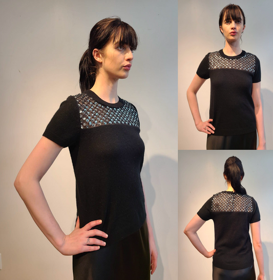 BLACK CASHMERE T SHIRT WITH PEEKABOO FRONT & BACK EMBELLISHED SILVER MICRO SEQUIN FLOWERS & JET BEADS ON BLACK TULLE (SIZE M)