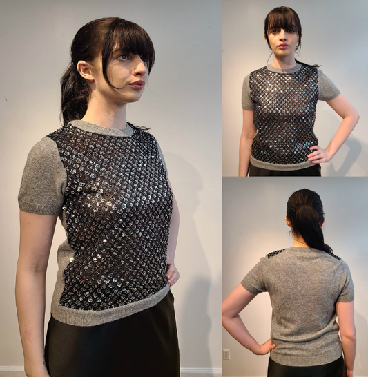 GREY CASHMERE CREW NECK WITH FRONT EMBELLISHED SILVER MICRO SEQUIN FLOWERS & JET BEADS ON BLACK TULLE (SIZE S)