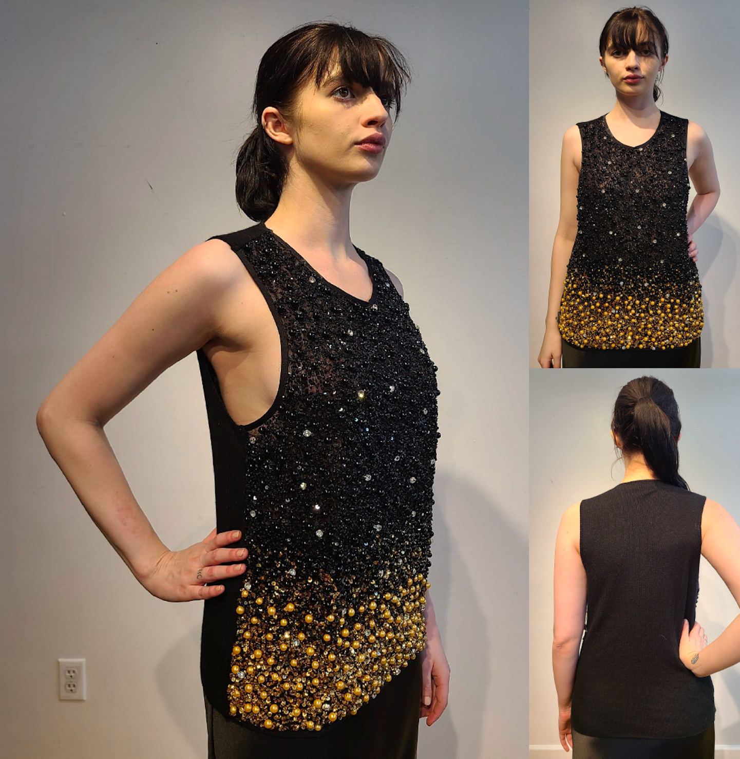 BLACK CASHMERE TANK WITH FRONT EMBELLISHED BLACK & GOLD PEARLS BEADS & CRYSTALS ON BLACK TULLE (SIZE XL)