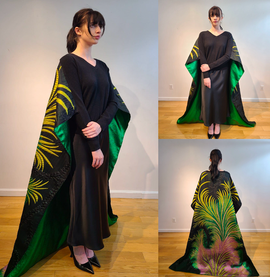 BLACK CASHMERE V NECK LONG SLEEVE WITH PINK & GREEN MIDDLE EASTERN PALM PRINT CAPE WITH METALLIC GREEN LINING (SIZE M)