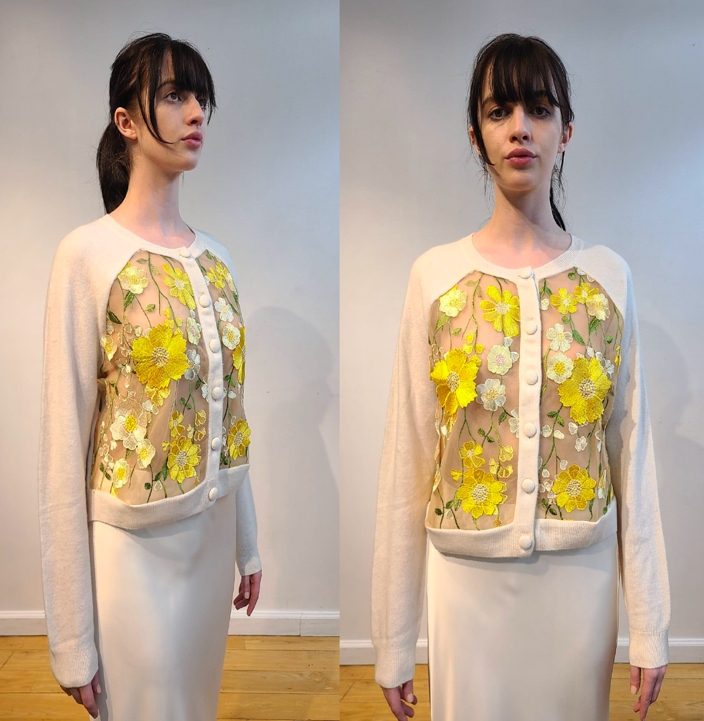 IVORY CASHMERE CROPPED CARDIGAN WITH FRONT  BUTTERCUP YELLOW, PALE PINK AND CREAM FLOWERS WITH GORGEOUS GREEN VINES EMBELLISHED ON NUDE TULLE (SIZE L)