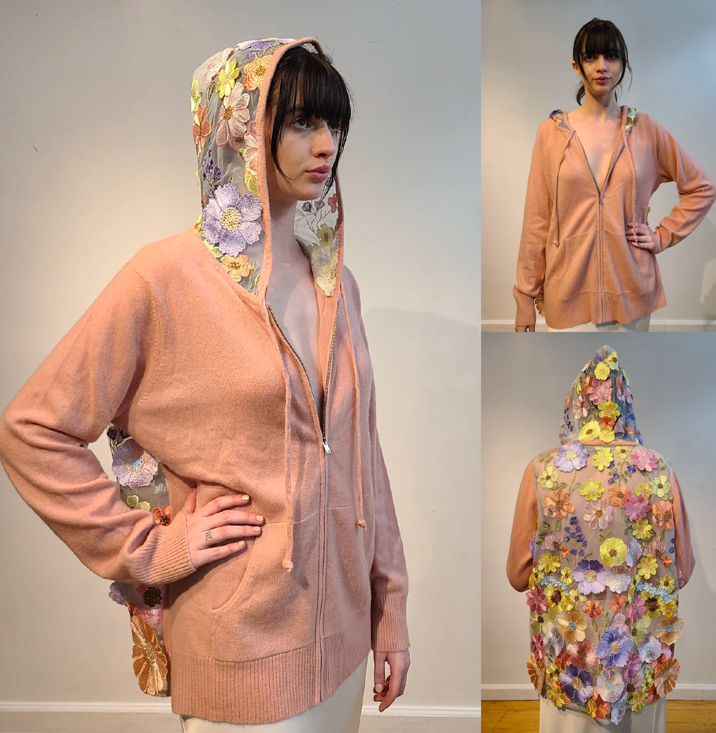 PINK CASHMERE HOODIE WITH  BACK & HOOD EMBELLISHED WITH PINK/ CORAL/ YELLOW AND LAVENDER FLOWERS ON BABY BLUE TULLE (SIZE XL)