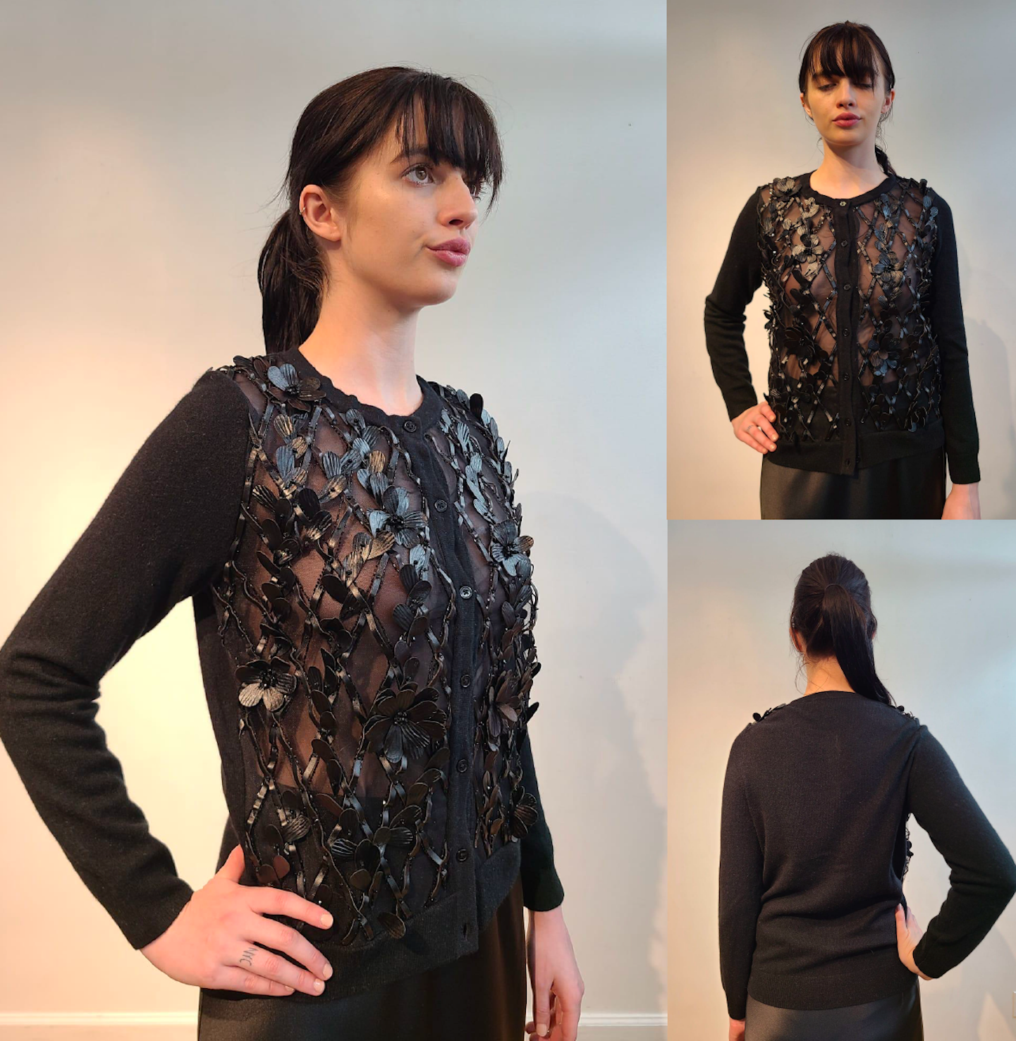 BLACK CASHMERE CARDIGAN WITH FRONT EMBELLISHED BLACK 3D VEGAN LEATHER FLOWERS WITH JET BEAD STERNUM ON BLACK SATIN PERGOLA ON BLACK TULLE (SIZE M)