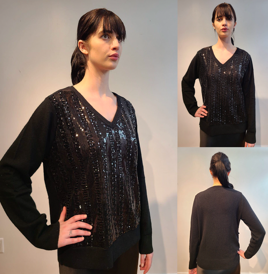 BLACK CASHMERE V NECK WITH FRONT EMBELLISHED BLACK MICRO SEQUIN ANCIENT ROMAN MONOGRAM(SIZE L)