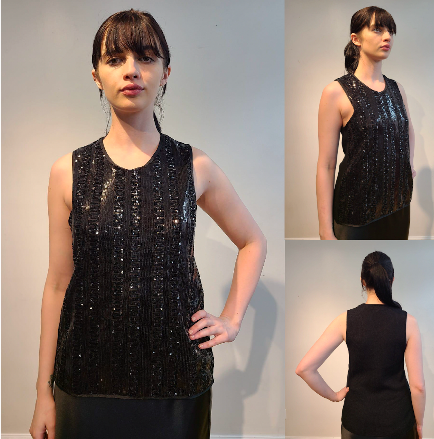 BLACK CASHMERE TANK WITH FRONT EMBELLISHED BLACK MICRO SEQUIN ANCIENT ROMAN MONOGRAM (SIZE XL)
