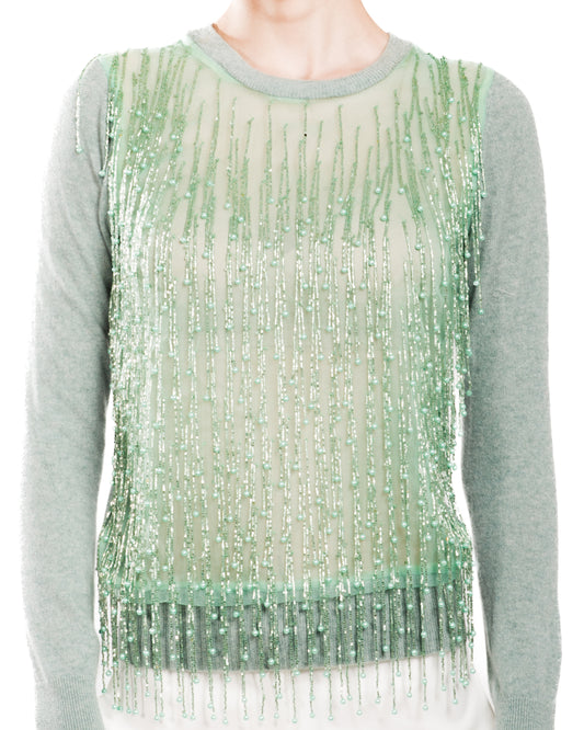 SMALL SAGE LONG SLEEVE CREW NECK CASHMERE SWEATER WITH MINT BEADED FRINGE ON MINT TULLE FRONT WITH MINT TULLE LINING