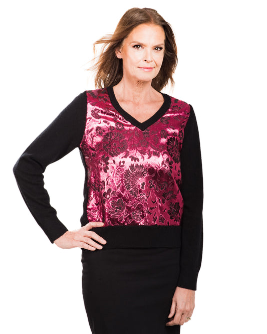 MEDIUM BLACK LONG SLEEVE V-NECK CASHMERE SWEATER WITH FRONT OF PINK AND BLACK METALLIC BROCADE