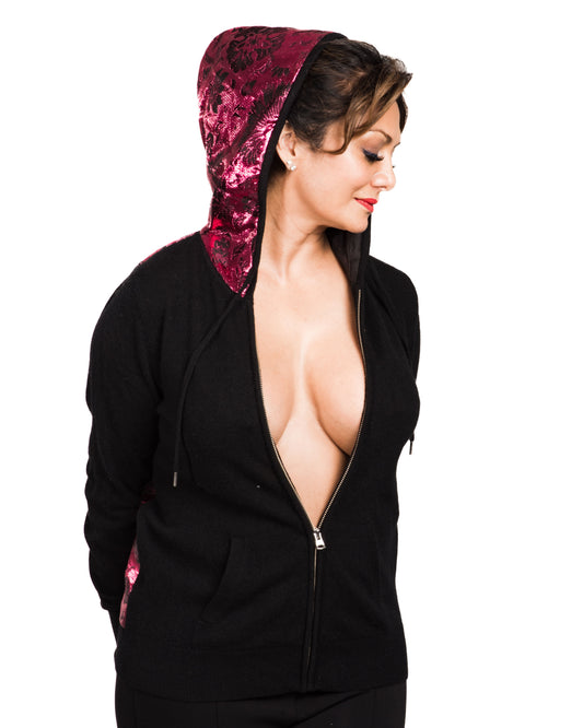 MEDIUM BLACK LONG SLEEVE CASHMERE HOODIE WITH HOOD AND BACK OF PINK AND BLACK METALLIC BROCADE