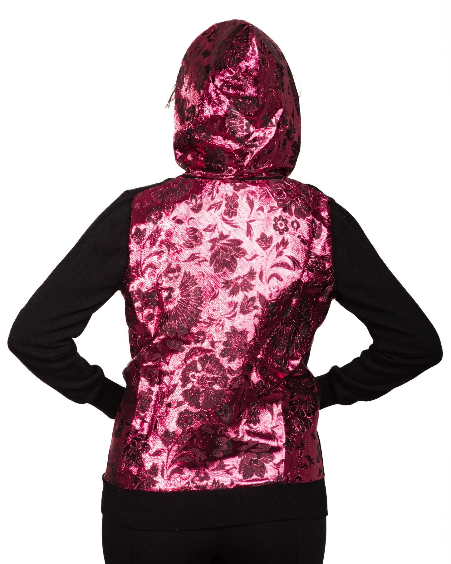 MEDIUM BLACK LONG SLEEVE CASHMERE HOODIE WITH HOOD AND BACK OF PINK AND BLACK METALLIC BROCADE