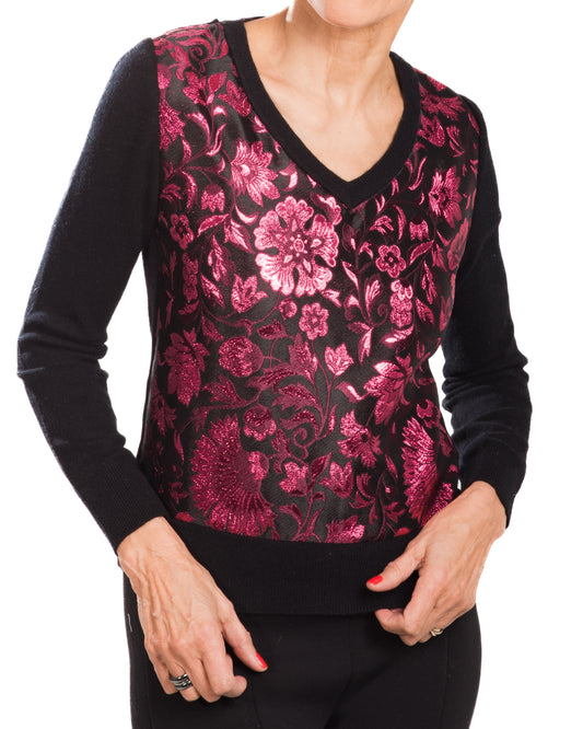 SMALL BLACK LONG SLEEVE V-NECK CASHMERE SWEATER WITH FRONT OF PINK AND BLACK METALLIC BROCADE