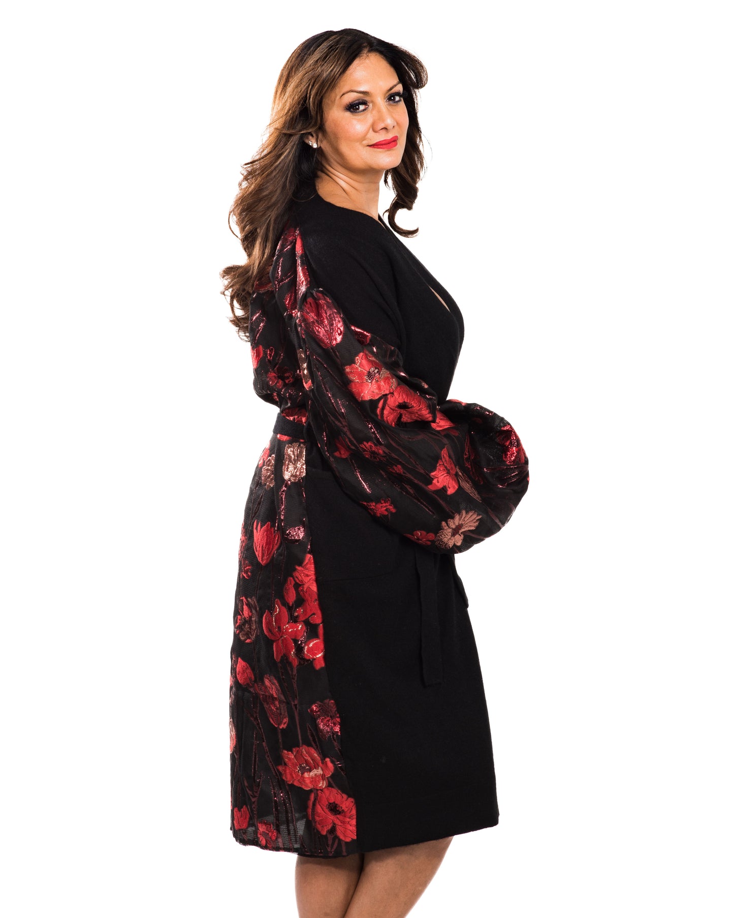 MEDIUM BLACK LONG SLEEVE CASHMERE ROBE WITH BACK AND SLEEVES OF RED METALLIC FLOWERS ON BLACK ORGANZA