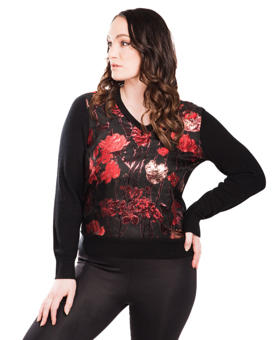LARGE BLACK LONG SLEEVE V-NECK CASHMERE SWEATER WITH FRONT OF RED METALLIC FLOWERS ON BLACK ORGANZA