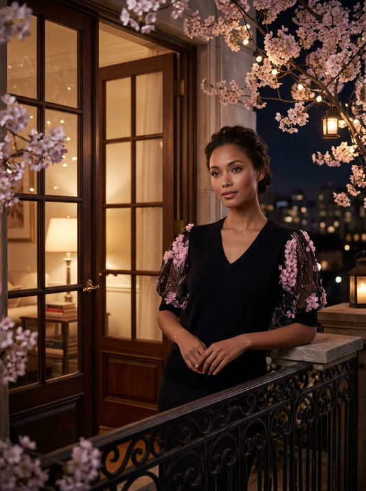S BLACK 100% CASHMERE VNECK WITH SHORT PUFF SLEEVES OF PRETTY PINK CHERRY BLOSSOMS BLOWING IN BLACK TULLE SKY LINED WITH BLACK CHIFFON