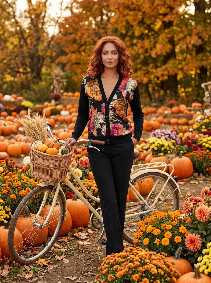 S BLACK LIGHTWEIGHT COTTON CASHMERE V NECK CARDIGAN, WITH LONG SLEEVES AND VIBRANT HOLIDAY HARVEST FLOWERS IN BLACK ORGANZA GARDEN ON FRONT PANELS LINED WITH BLACK CHIFFON