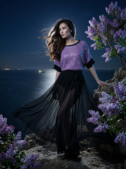 S BLACK LIGHTWEIGHT DOLMAN SLEEVE SWEATER WITH FRONT INSERT OF LAVENDER DIAMOND EMBELLISHMENT OF PEARLS, SEQUINS AND BEADS ON LAVENDER TULLE AND LINED WITH LAVENDER TULLE