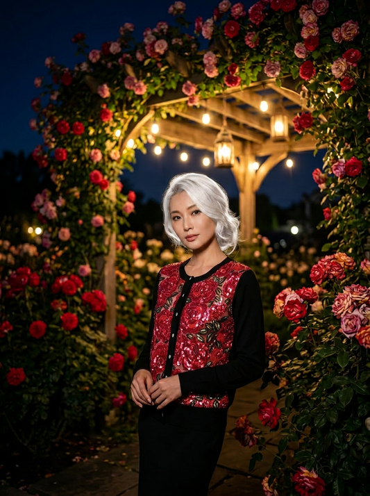 M BLACK 100% CASHMERE CREW NECK CARDIGAN WITH LONG SLEEVES AND FRONT INSERTS OF RUBY RED BEADED ROSES IN A BED OF LUCKY RED TULLE LINED WITH LUCKY RED TULLE