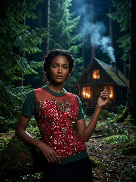 S FOREST FLOOR GREEN CASHMERE TEE WITH SHORT SLEEVES AND FRONT INSERT OF RUBY RED BEADED ROSES IN BED OF LUCKY RED TULLE LINED WITH LUCKY RED TULLE