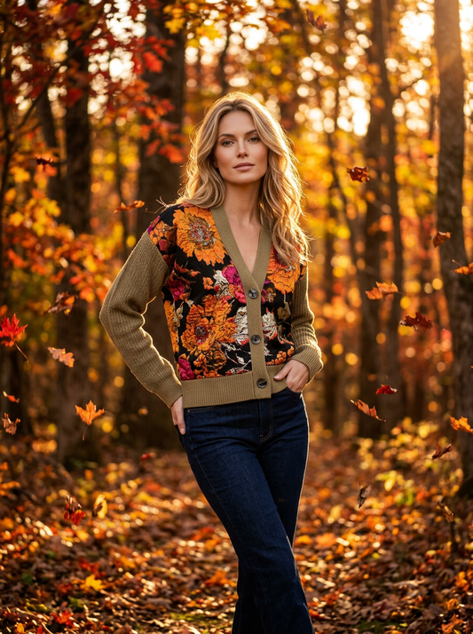 S HERB GREEN 100% ORGANIC COTTON VNECK CARDIGAN WITH LONG SLEEVES & VIBRANT HOLIDAY HARVEST FLOWERS IN BLACK GARDEN ON FRONT PANELS, LINED WITH BLACK CHIFFON