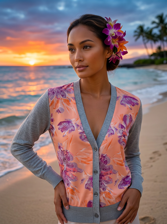 S LIGHT GREY LIGHTWEIGHT COTTON CASHMERE V NECK CARDIGAN, WITH LONG SLEEVES AND FRONT PANEL INSERTS OF POPPIN, PINK AND PURPLE FLORAL ROTATED INTO CREAMCICLE, BACKGROUND AND LINED WITH CREAMCICLE CHIFFON
