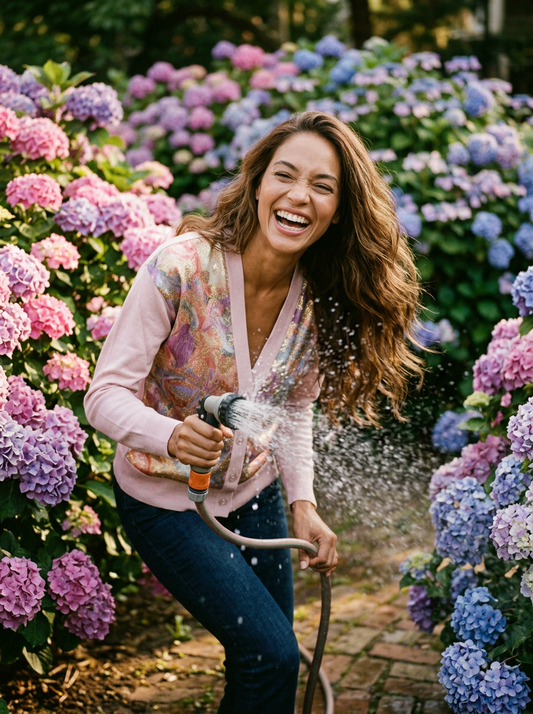 S LIGHT PINK LIGHTWEIGHT COTTON CASHMERE VNECK CARDIGAN WITH LONG SLEEVES AND FRONT PANEL INSERTS OF MONET, METALLIC AND PASTEL FLORAL GARDEN BROCADE WITH GOLDEN FOG AND LIGHT PINK CHIFFON LINING