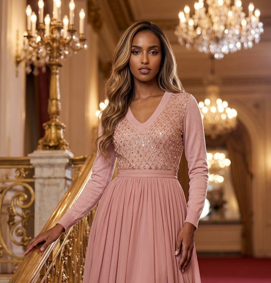 S PINK LIGHTWEIGHT COTTON CASHMERE VNECK WITH LONG SLEEVES AND FRONT INSERT OF DIAMOND EMBELLISHMENT OF PEARLS, SEQUINS AND BEADS ON PINK TULLE AND LINED WITH PINK TULLE