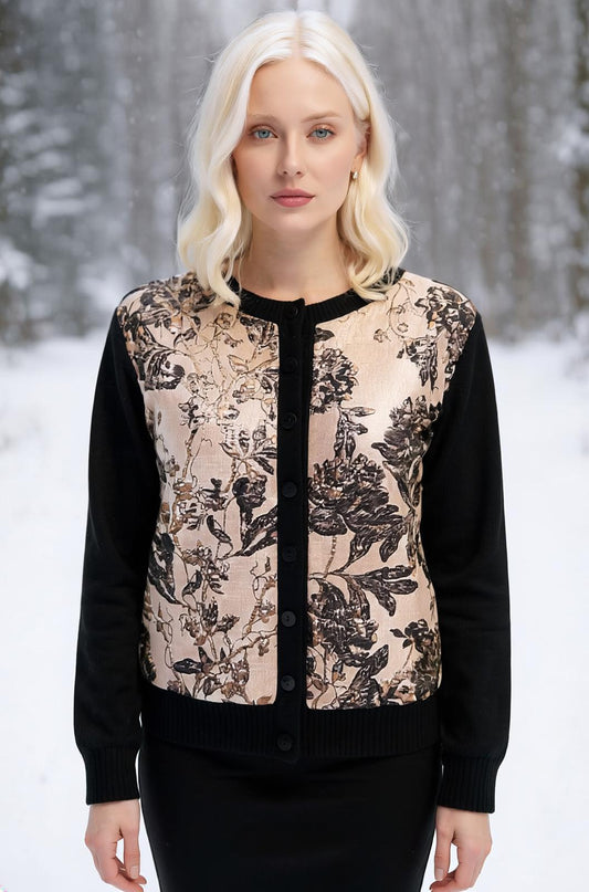 S BLACK CASHMERE CROPPED CARDIGAN WITH CHAMPAGNE FLORAL FRONT PANELS WITH SILK LINING