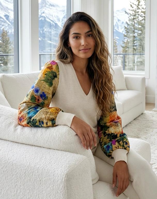 S CREAM CASHMERE V NECK WITH GREEN AND ORANGE FLORAL LANTERN SLEEVES WITH SILK LINING