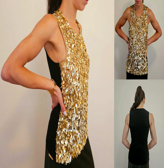 BLACK CASHMERE TANK WITH FRONT EMBELLISHMENT OF 3D GOLD TRINKETS ON NUDE TULLE AND LINED WITH NUDE TULE (SIZE M)