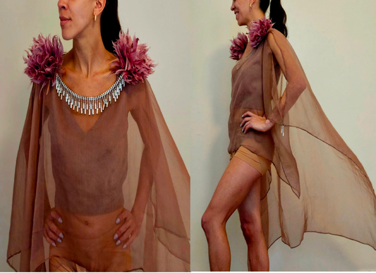 TAN NUDE SILK CHIFFON HI LO CAPE WITH 3D FEATHER FLOWER EPAULETTES & CRYSTAL BEADED FRINGE NECKLACE (SIZE M)