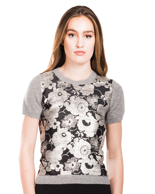 SMALL GREY SHORT SLEEVE CREW NECK CASHMERE SWEATER WITH FRONT OF SILVER BROCADE FLOWERS ON BLACK