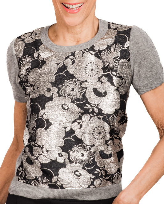 MEDIUM GREY SHORT SLEEVE CREW NECK CASHMERE SWEATER WITH FRONT OF SILVER BROCADE FLOWERS ON BLACK