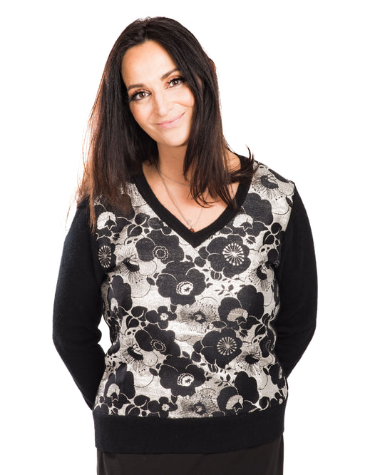MEDIUM BLACK LONG SLEEVE V-NECK CASHMERE SWEATER WITH FRONT OF SILVER BROCADE FLOWERS ON BLACK