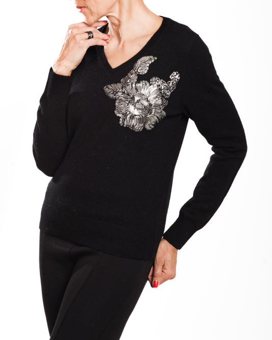 SMALL BLACK LONG SLEEVE V-NECK CASHMERE SWEATER WITH SILVER RIBBON FLOWERS ON BLACK SILK ORGANZA ON CHEST