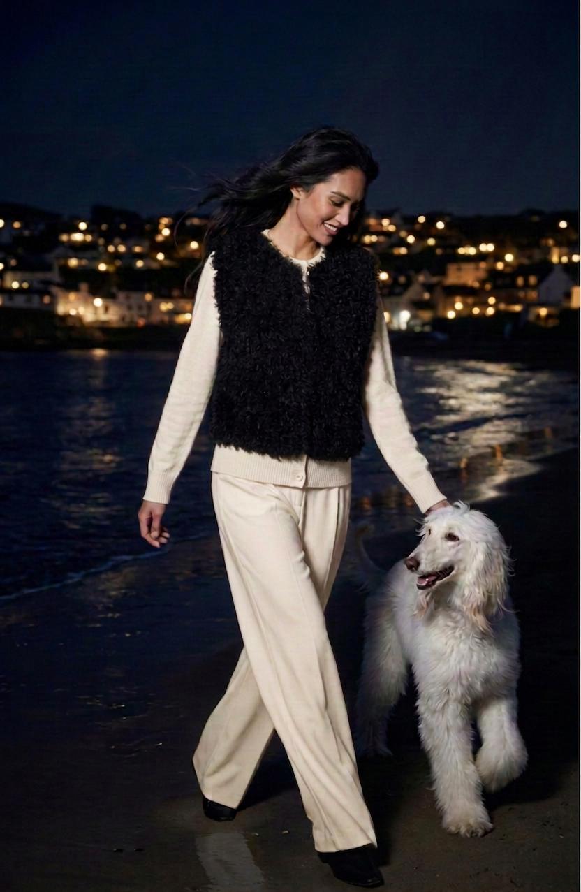 S IVORY CASHMERE CREW NECK CARDIGAN WITH VEGAN TIBETEN FUR FONT PANELS WITH SILK LINING