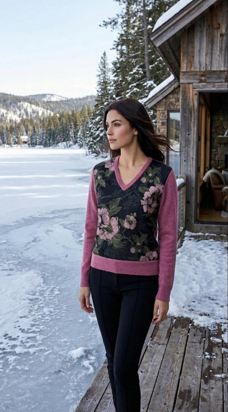 SML BERRY 100% CASHMERE V NECK WITH BLACK GARDEN FRONT PANEL WITH SILK LINING