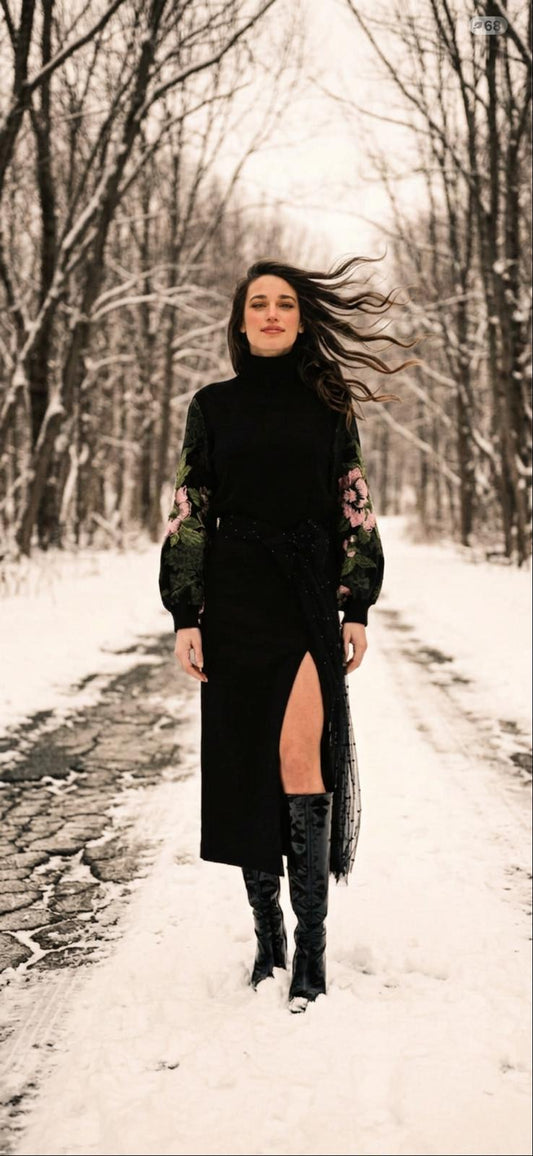 SML BLACK 100% CASHMERE TURTLENECK WITH BLACK GARDEN LANTERN SLEEVES WITH SILK LINING