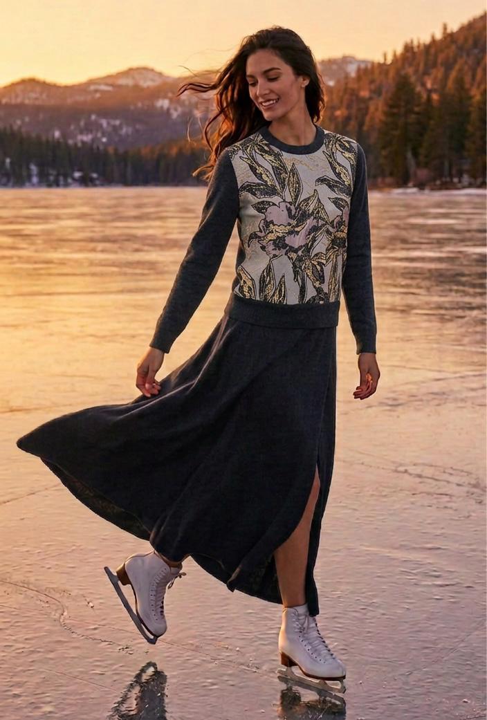 SML BLACK CASHMERE CREW NECK CARDIGAN WITH LAVENDER CHARCOAL FLORAL FRONT PANEL WITH SILK LINING