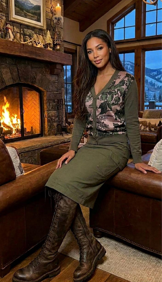 SML OLVIE COTTO CASHMERE V NECK CARDIGAN WITH PINK AND OLIVE FLORAL FRONT PANELS WITH SILK LINING