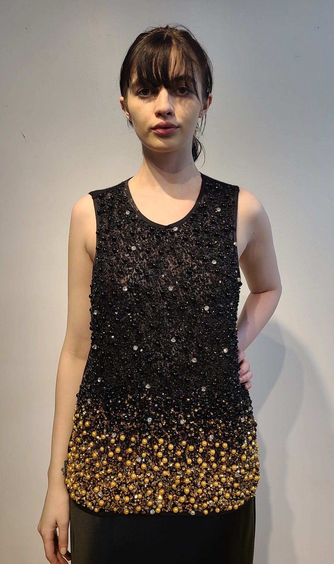 BLACK CASHMERE TANK WITH FRONT EMBELLISHED BLACK & GOLD PEARLS BEADS & CRYSTALS ON BLACK TULLE (SIZE XL)