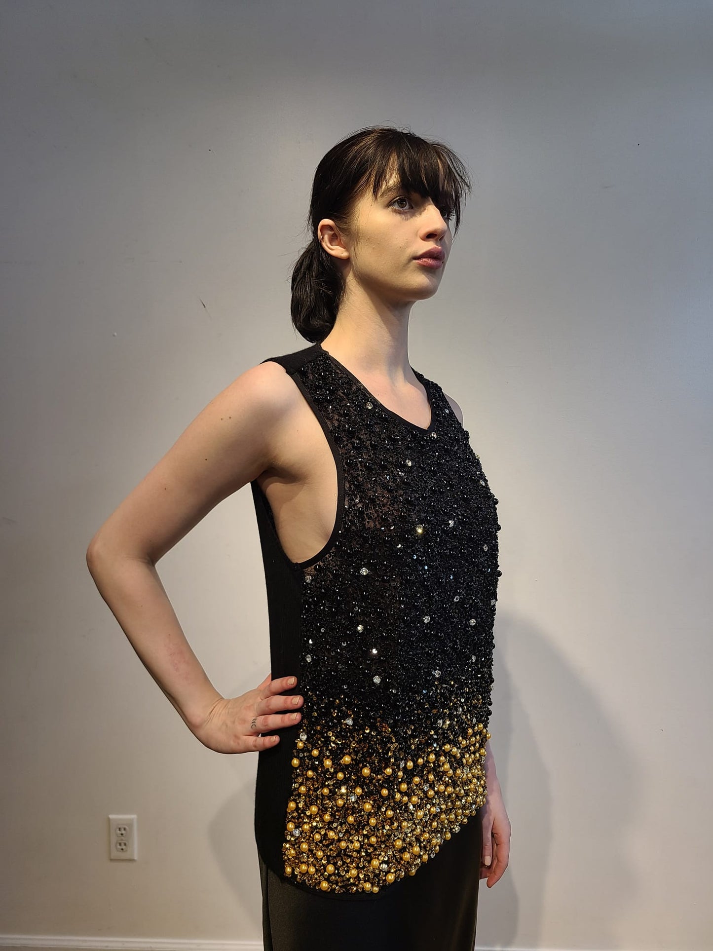 BLACK CASHMERE TANK WITH FRONT EMBELLISHED BLACK & GOLD PEARLS BEADS & CRYSTALS ON BLACK TULLE (SIZE XL)