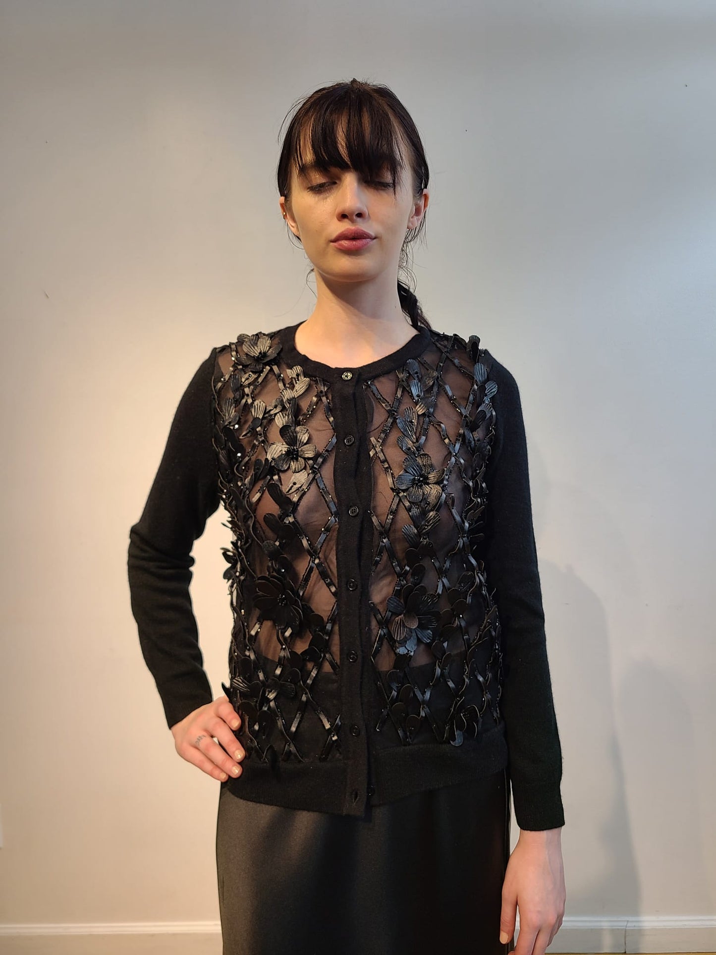 BLACK CASHMERE CARDIGAN WITH FRONT EMBELLISHED BLACK 3D VEGAN LEATHER FLOWERS WITH JET BEAD STERNUM ON BLACK SATIN PERGOLA ON BLACK TULLE (SIZE M)