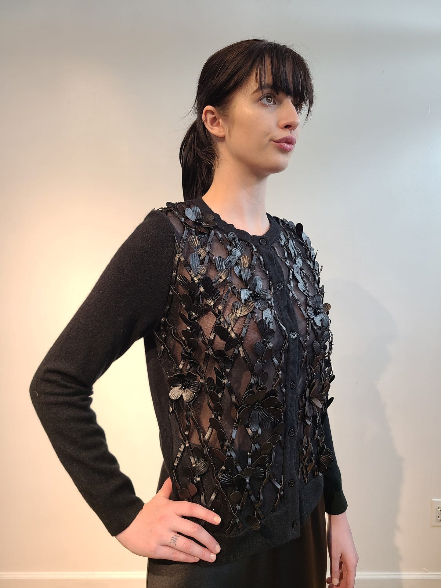 BLACK CASHMERE CARDIGAN WITH FRONT EMBELLISHED BLACK 3D VEGAN LEATHER FLOWERS WITH JET BEAD STERNUM ON BLACK SATIN PERGOLA ON BLACK TULLE (SIZE M)