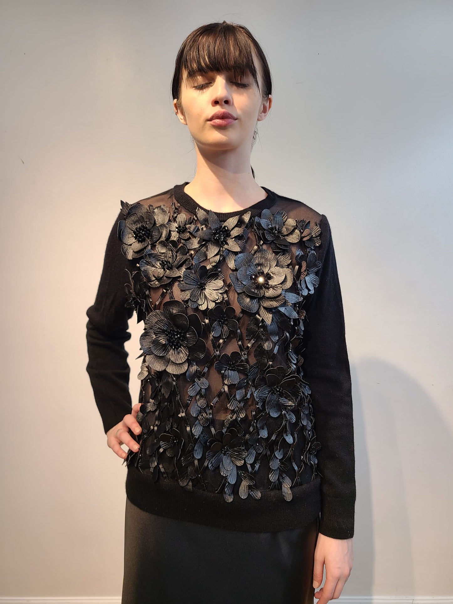 BLACK CASHMERE CREW NECK LONG SLEEVE WITH FRONT BLACK 3D VEGAN LEATHER FLOWERS WITH JET BEAD STERNUM ON BLACK SATIN PERGOLA ON BLACK TULLE (SIZE M)