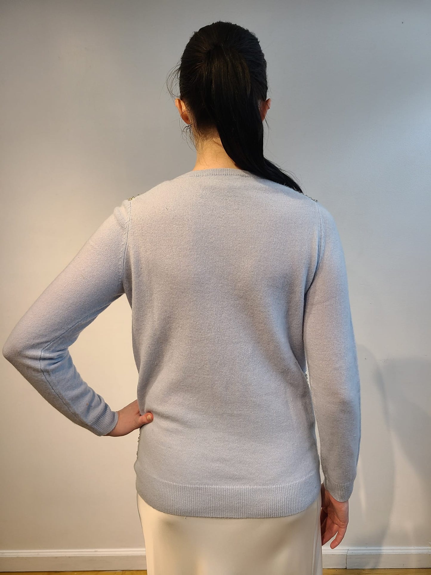 BABY BLUE CASHMERE V NECK LONG SLEEVE WITH FRONT EMBELLISHED FUTURISTIC SILVER DISCS & CRYSTAL BEADS ON DOVE GRAY TULLE (SIZE M)