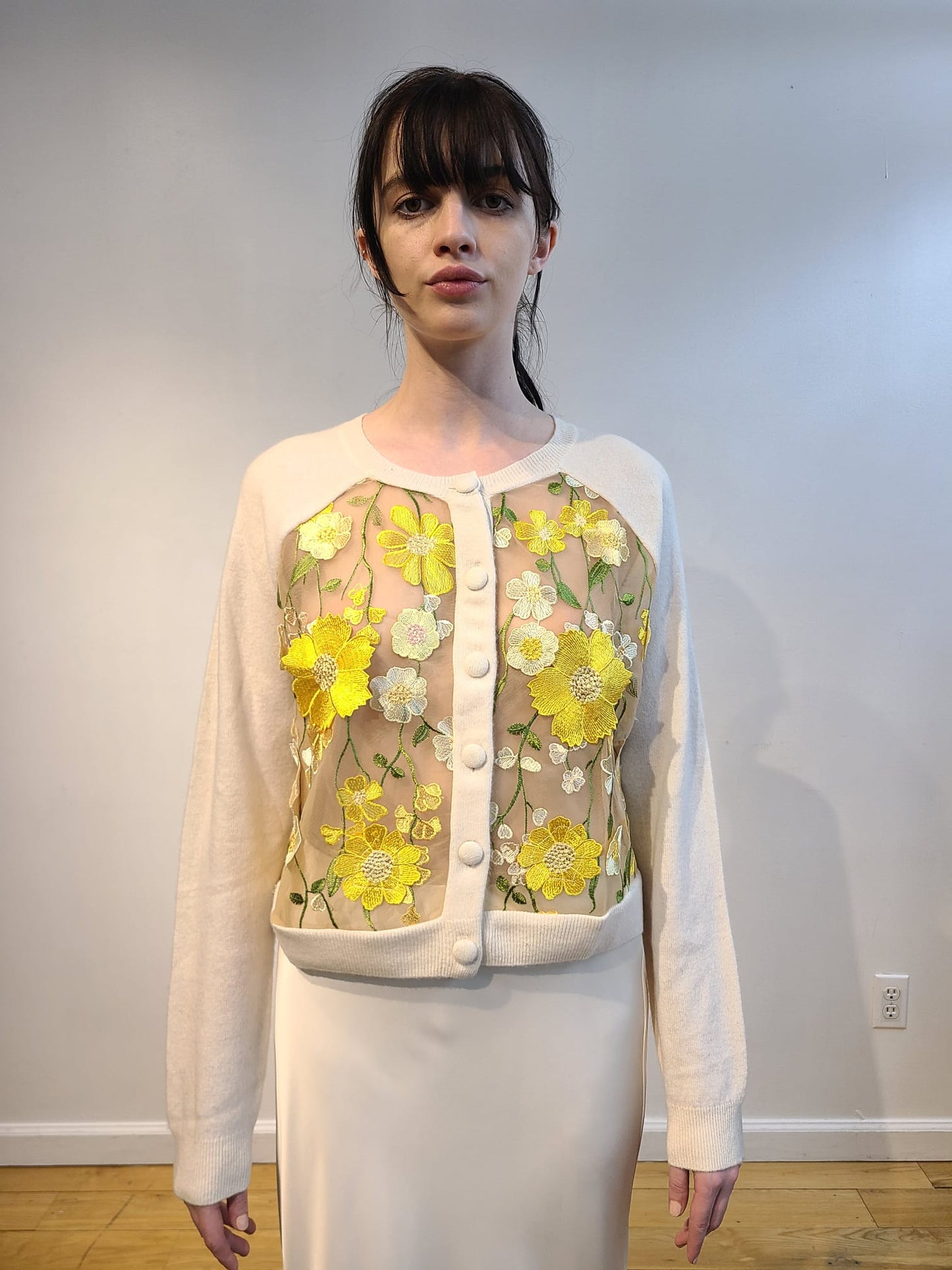 IVORY CASHMERE CROPPED CARDIGAN WITH FRONT  BUTTERCUP YELLOW, PALE PINK AND CREAM FLOWERS WITH GORGEOUS GREEN VINES EMBELLISHED ON NUDE TULLE (SIZE L)