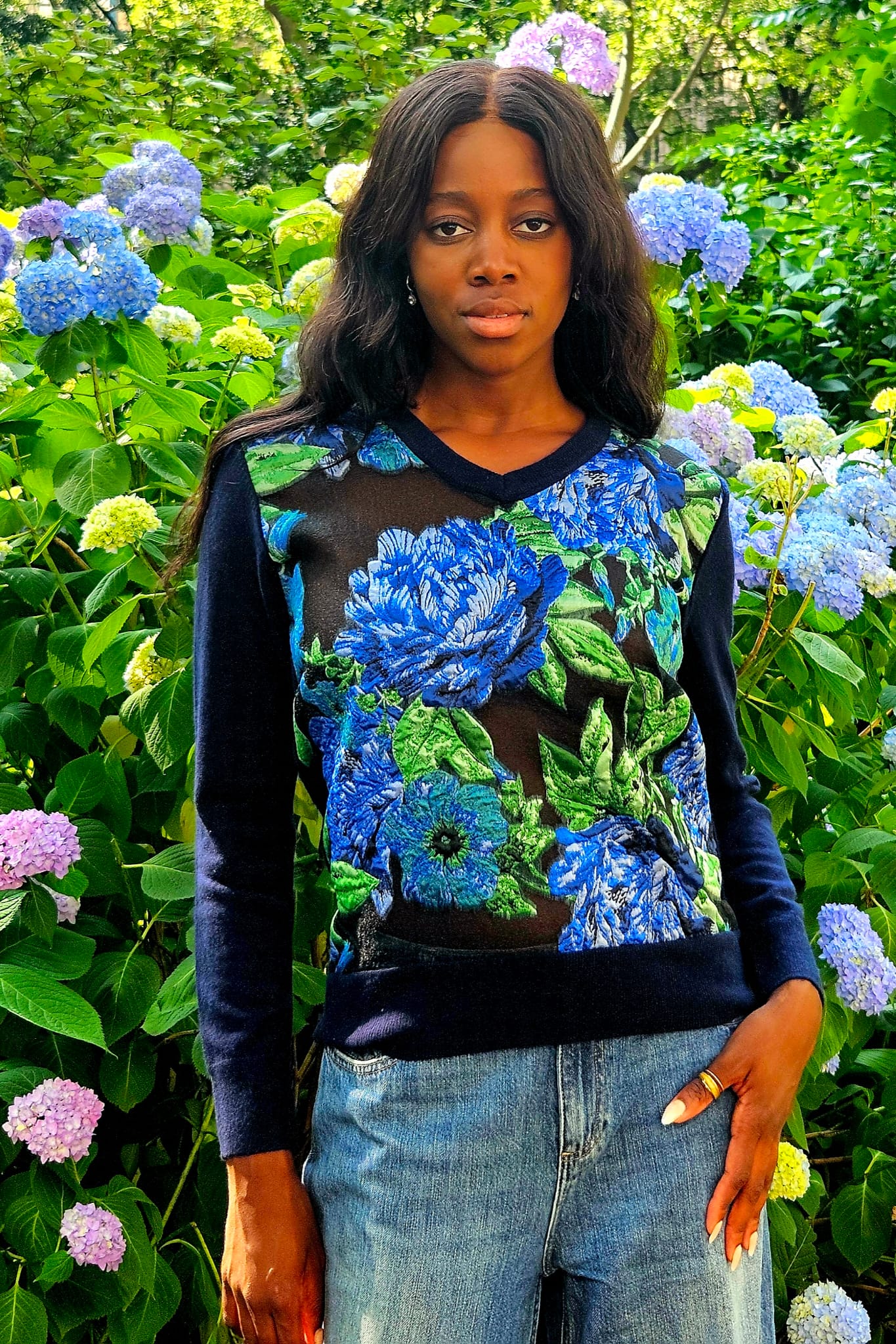Blue peony v-neck sweater